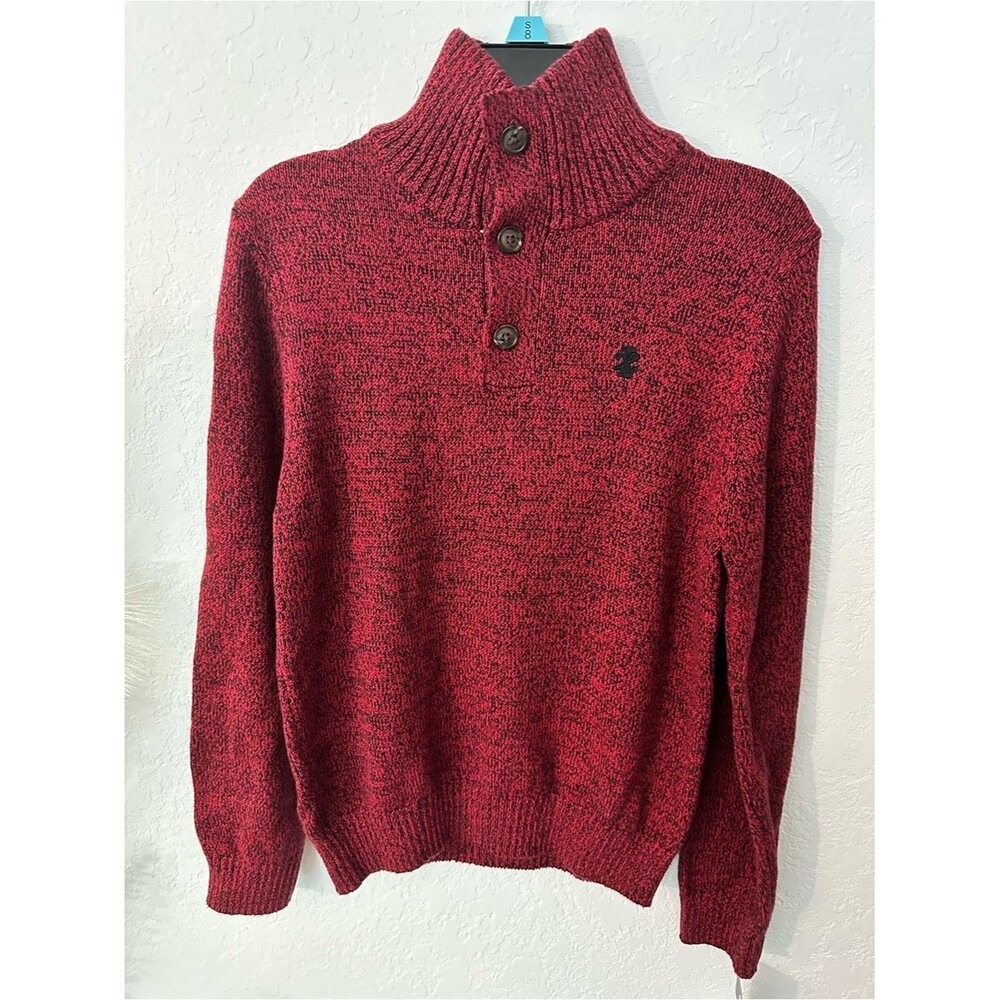 Izod boys high neck long sleeve Red Button pull over Funnel-Neck Knit Sweater S8